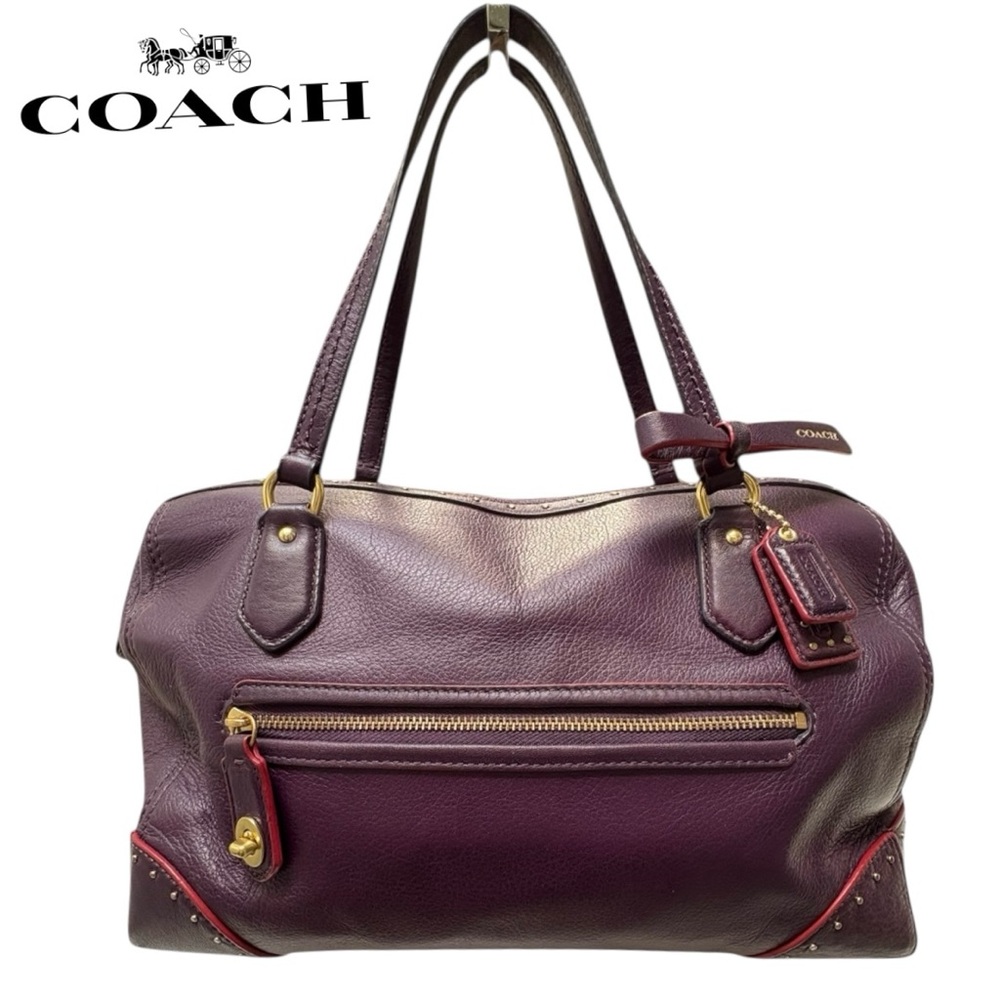 COACH Poppy Studded East West Satchel Plum Leather Vintage Retired